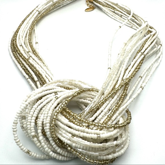 Bocar Multi Layer White Gold Seed Bead Torsade Knot Statement Necklace 20-22” - Picture 3 of 6